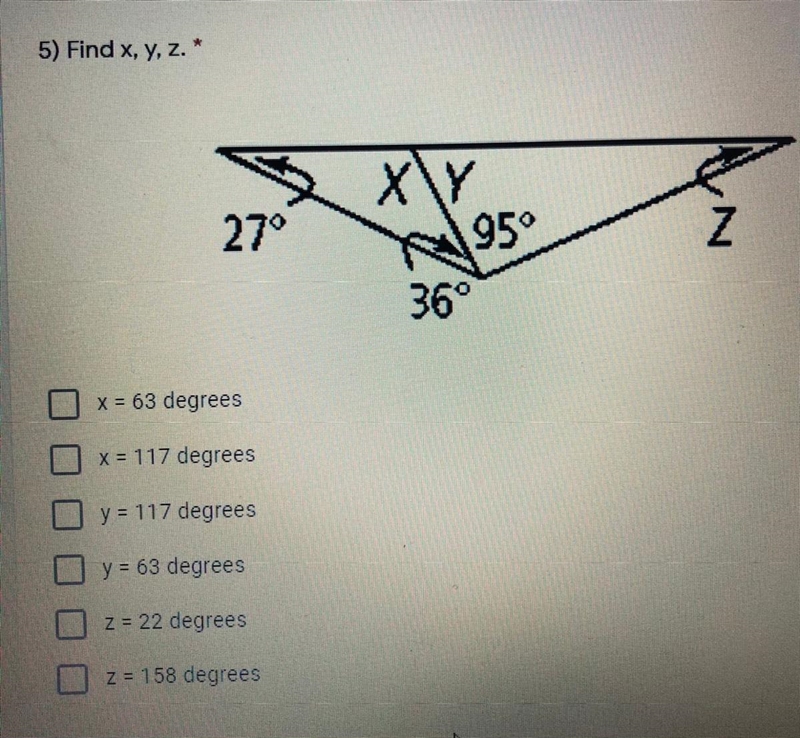 Find x, y, z x = 63 x = 117 y = 117 y = 63 z = 22 z = 158-example-1