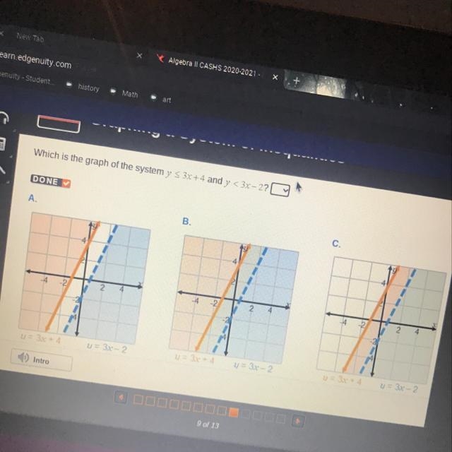 Which is the graph of the system y < 3x + 4 and y < 3x - 2-example-1