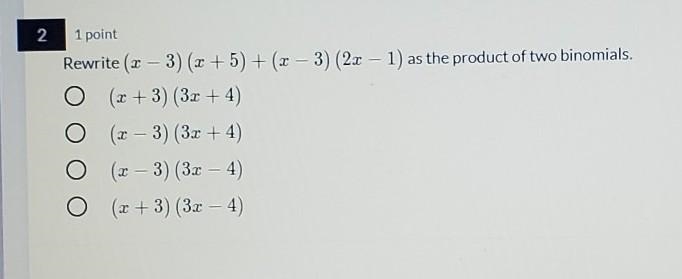 Rewrite (x – 3) (x + 5) + (x – 3) (2x – 1) as the product of two binomials.​-example-1