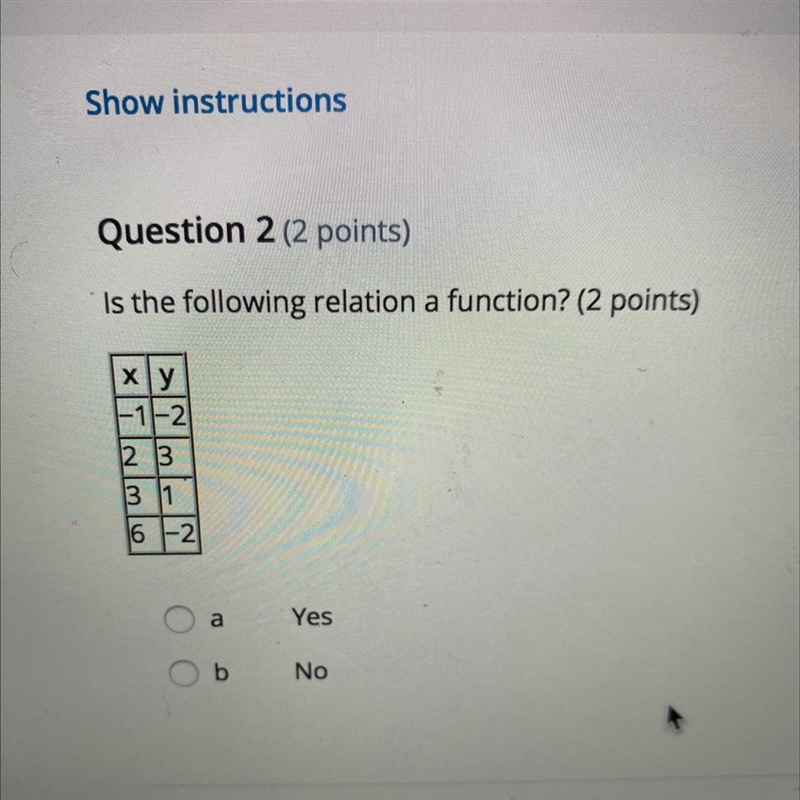 Question 2 (2 points) Is the following relation a function? (2 points) ху 1-1-2 2 3 3 11 16-2 O-example-1