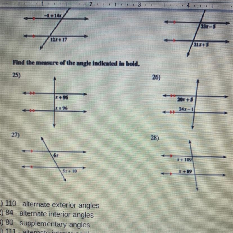 Solve for x for 19 - 24 Find the measurement of the indicated in bold for 25 - 28-example-1