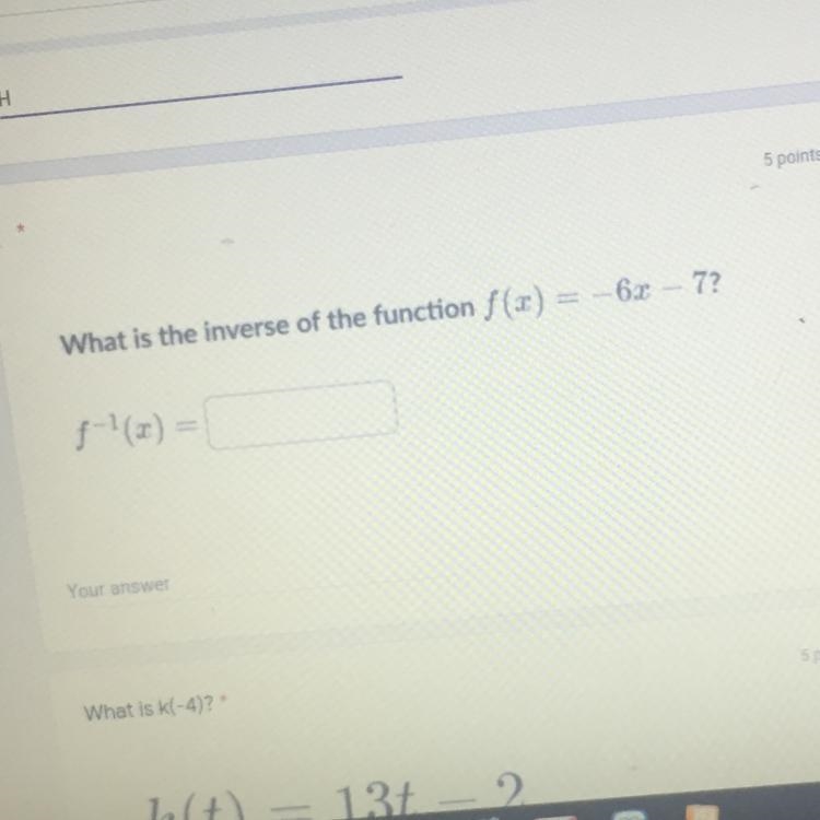 What is the inverse function of f(x)=-6x-7? f-1(x) =-example-1