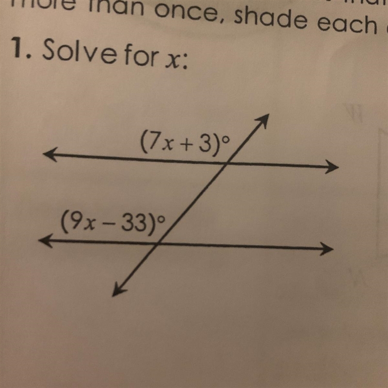 1. Solve for x: (7x+3)° (9x-33)-example-1