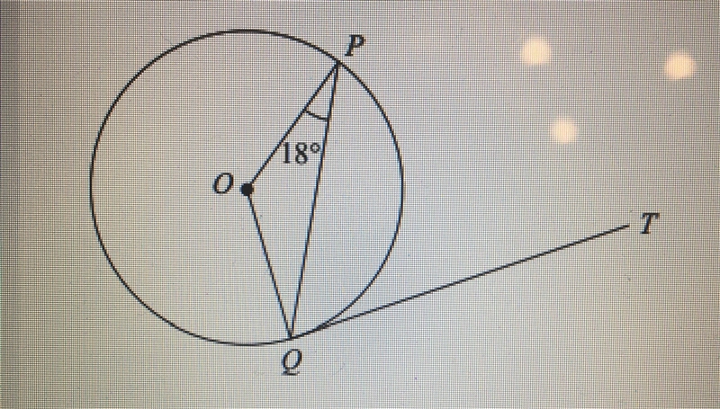 In the diagram below, P and Q are points on a circle with centre O. PQT is a tangent-example-1