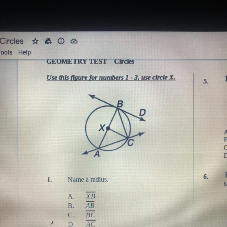 1 Name a radius? A. XB B. AB C. BC D. AC-example-1