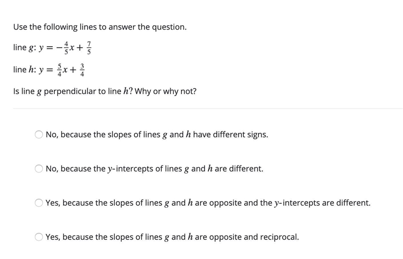 Question 5: Please help: Is line g perpendicular to line h? Why or why not?-example-1