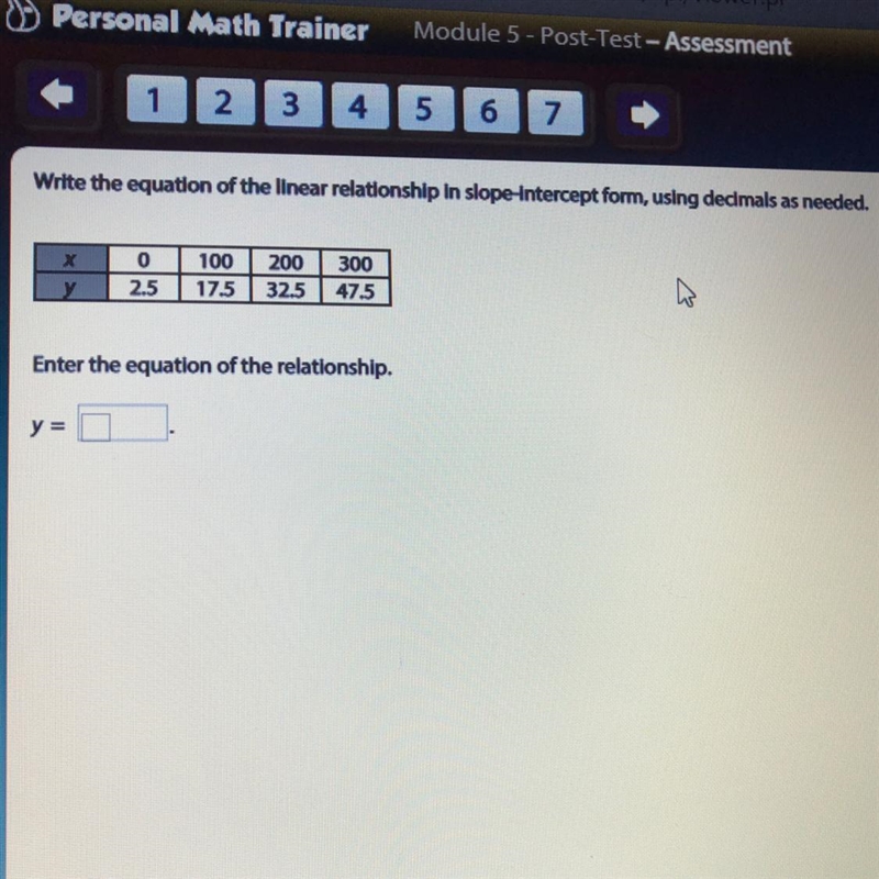 Write the equation of the linear relationship in slope-intercept form, using decimals-example-1