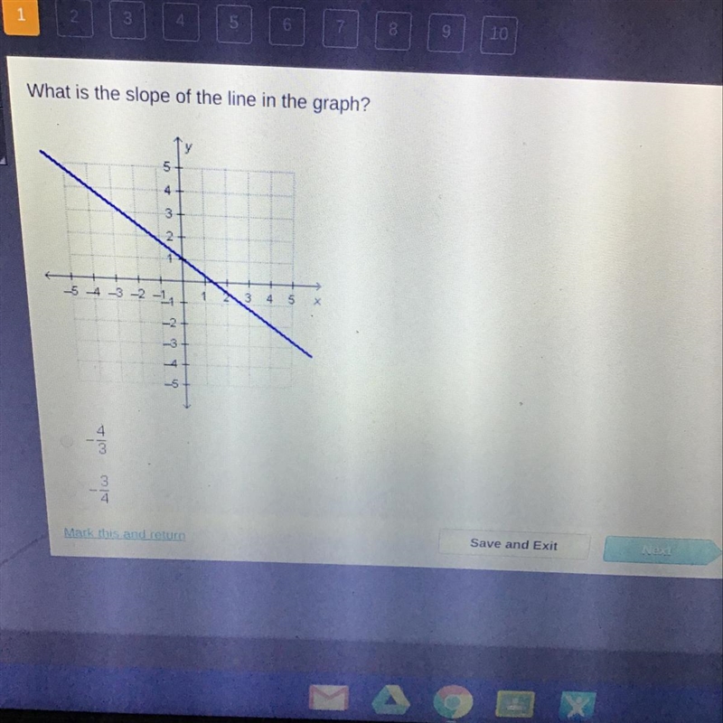 What is the slope of the line in the graph? -4/3 -3/4 3/4 4/3-example-1