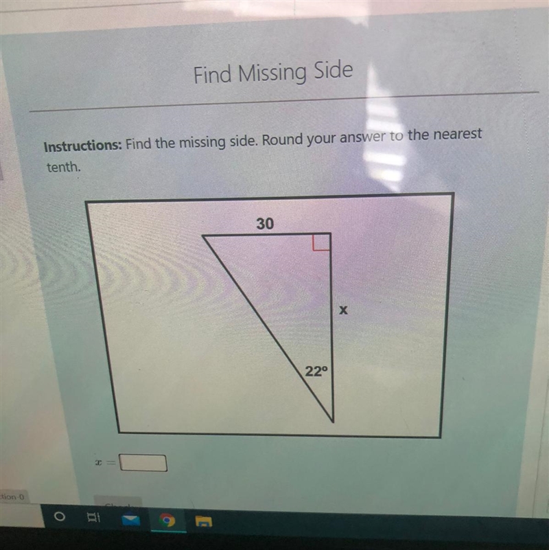 Instructions: Find the missing side. Round your answer to the nearest tenth. 30 х-example-1