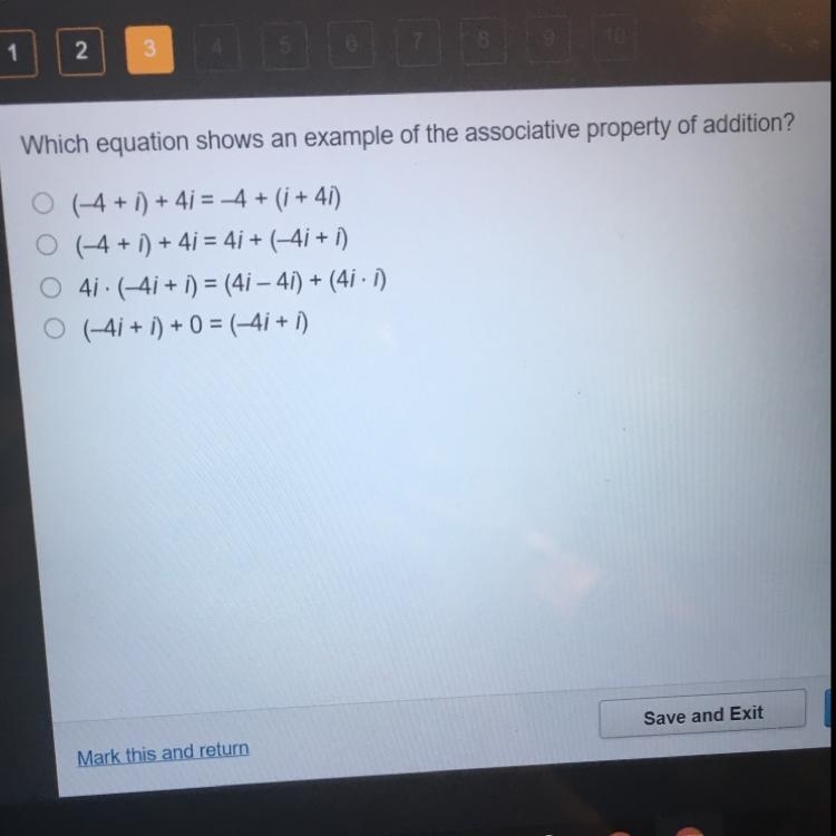 Which equation shows an example of the associative property of addition? (4+1) + 4 = 4 + (i-example-1