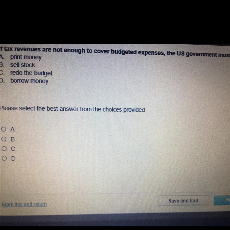 If tax revenues are not enough to cover budgeted expenses, the US government must-example-1