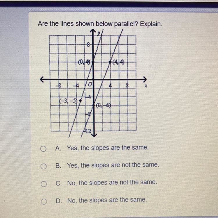 Are the lines shown below parallel? Explain-example-1