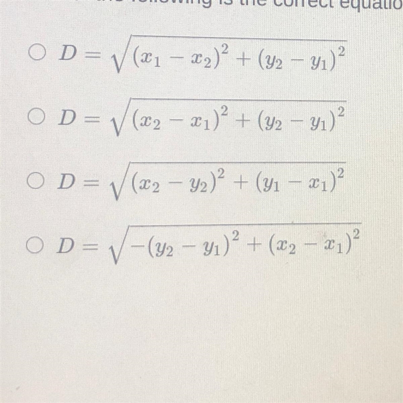 Which of the following is the correct equation for the distance formula for the points-example-1