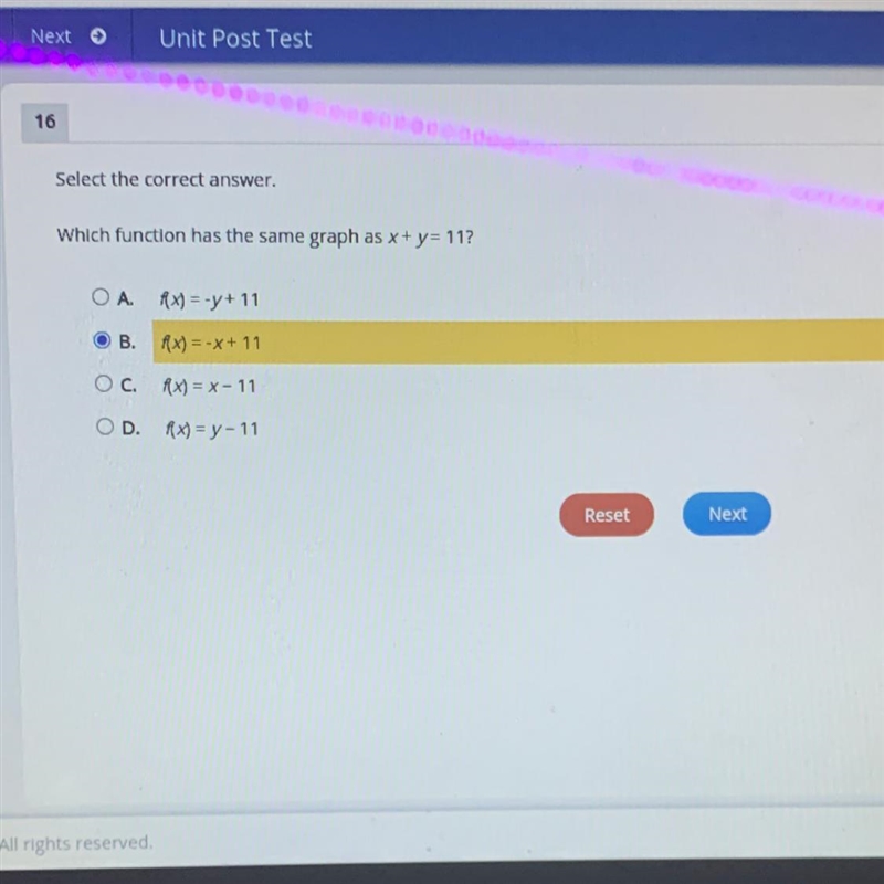 HELP ME PLEASE Which function has the same graph as x+y=11 :(:(:(:(-example-1