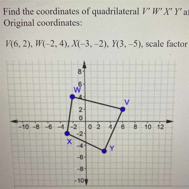 Find the coordinates of quadrilateral "WXY' after a dilation with the scale factor-example-1