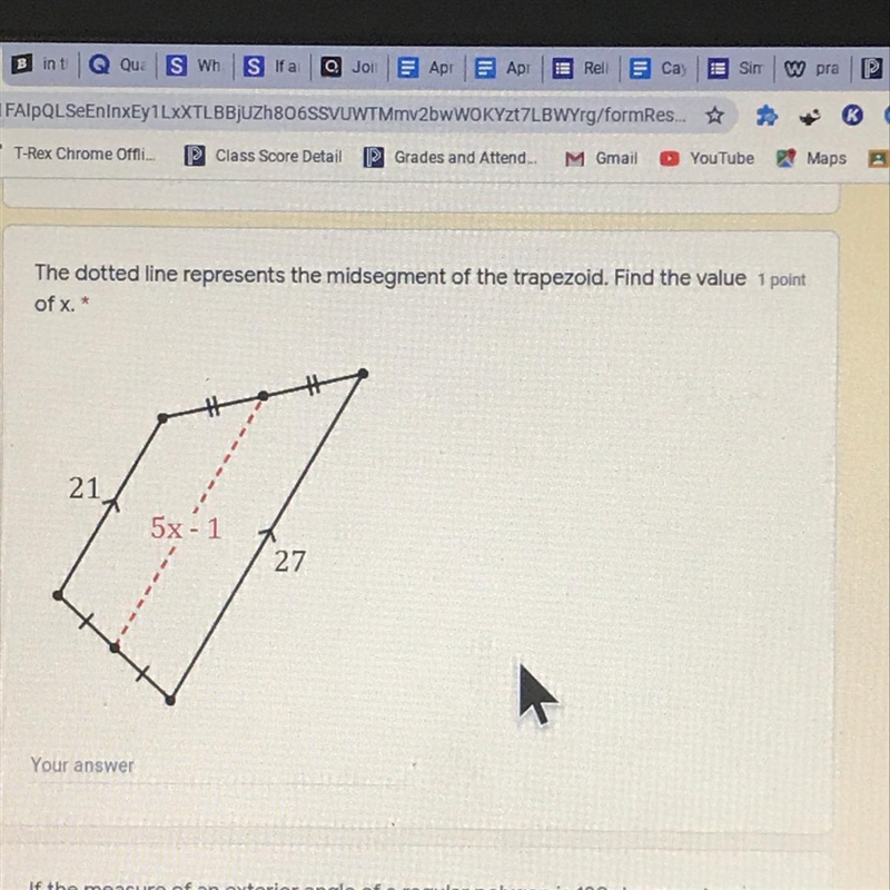 The dotted line represents the mid segment of the trapezoid. Find the value of X-example-1