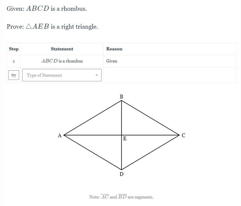 Given: ABCD is a rhombus. Prove: △AEB is a right triangle.-example-1