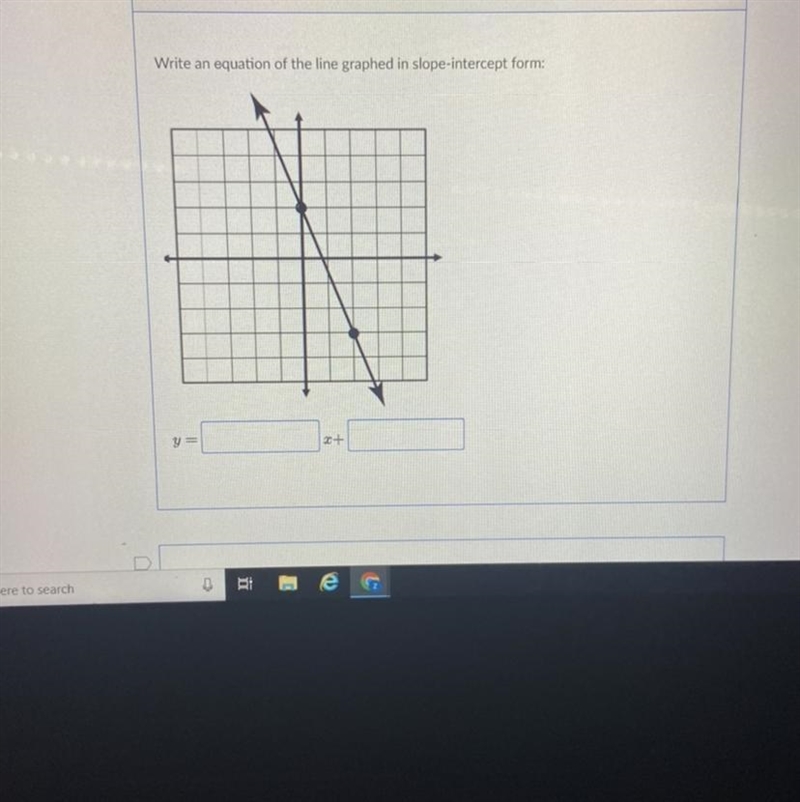 Write an equation of the line graphed in slope-intercept form:-example-1