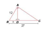 What is the value of x in the figure below? In this diagram, △ABD~△CAD. Is it: A. (27)/(12) B-example-1