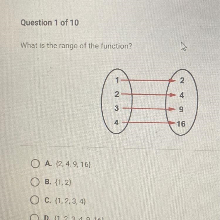 What is the range of the function? 4 3 4 16 O A. (2, 4, 9.16) B. {1,2) O C. (1,2,3,4) O-example-1