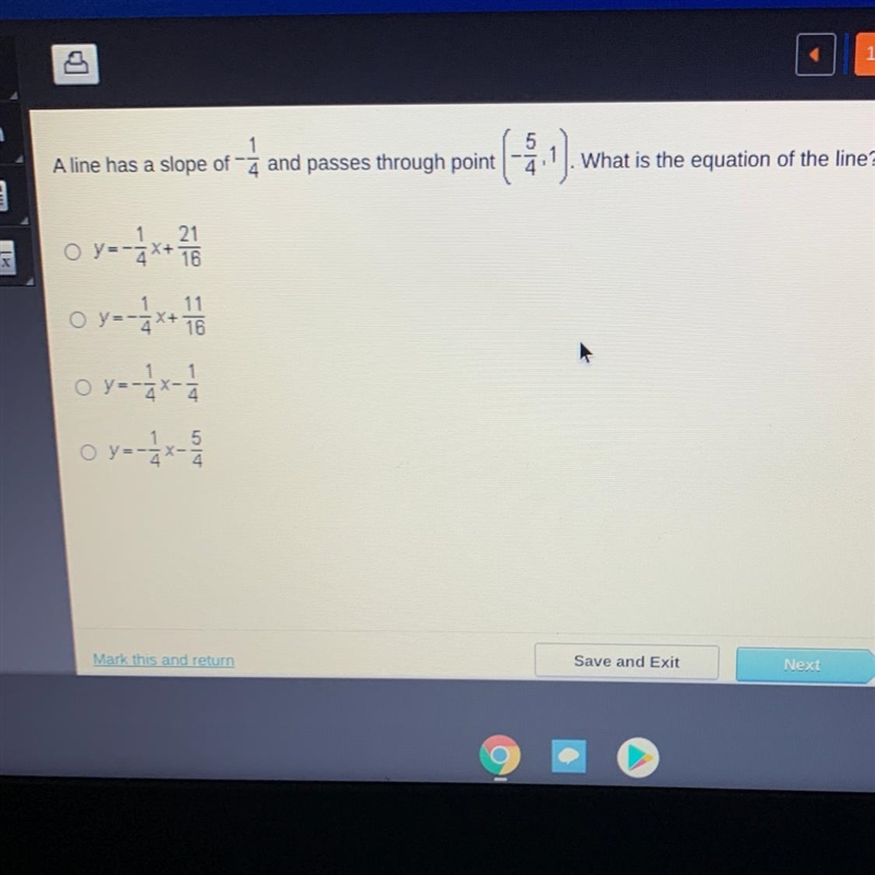 1 A line has a slope of - and passes through point What is the equation of the line-example-1