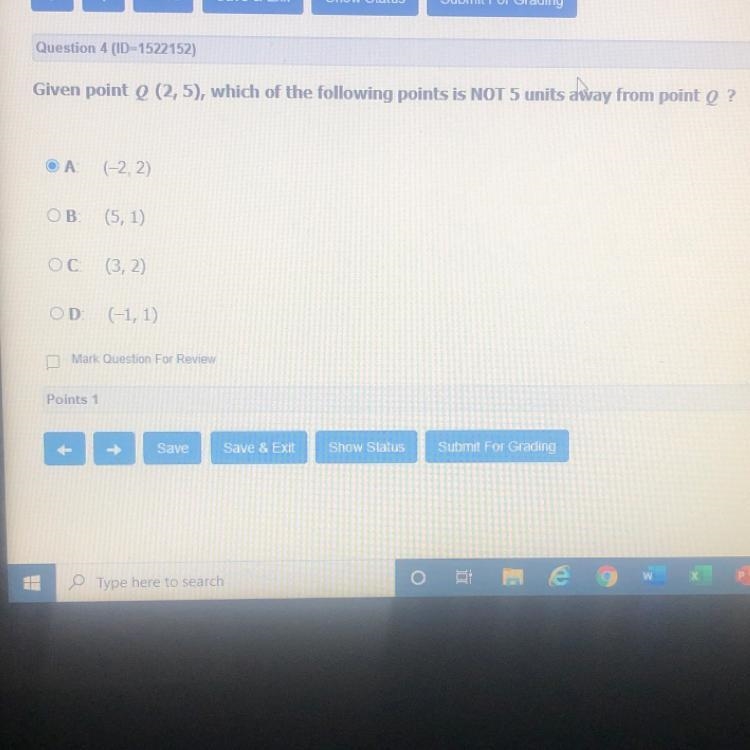 Given point Q (2,5), which of the following points is NOT 5 units away from point-example-1