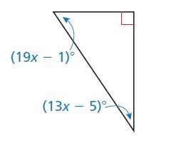 Find the measure of each acute angle. (19x − 1)∘ = and (13x − 5)∘ =-example-1