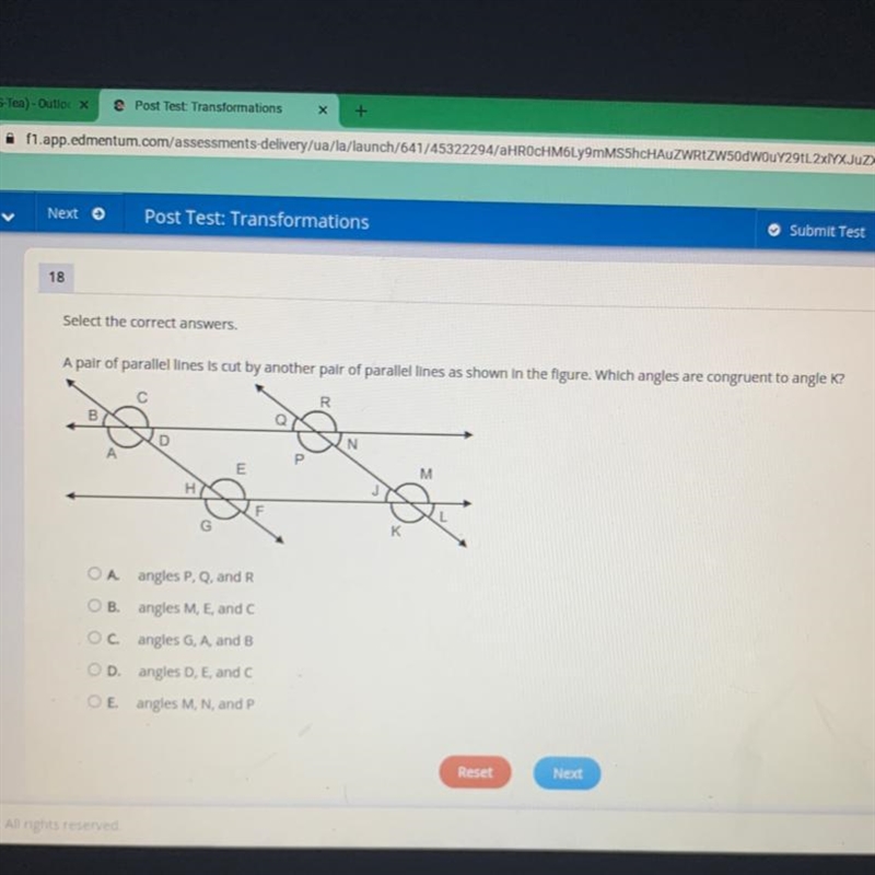 Select the correct answers. A pair of parallel lines is cut by another pair of parallel-example-1