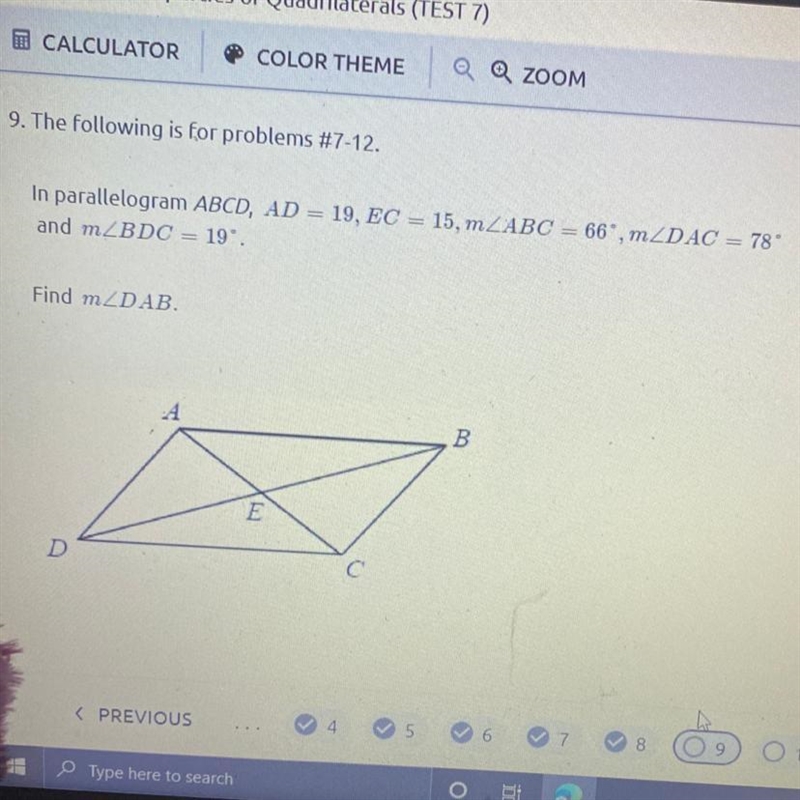 9. The following is for problems #7-12. In parallelogram ABCD, AD = 19, EC = 15, m-example-1