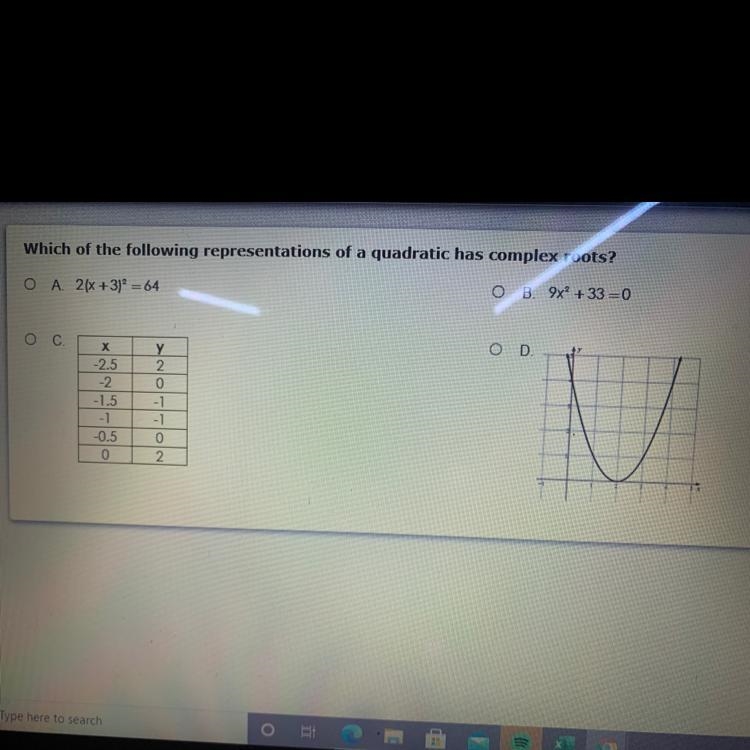 Which of the following representations of a quadratic has complex roots?-example-1