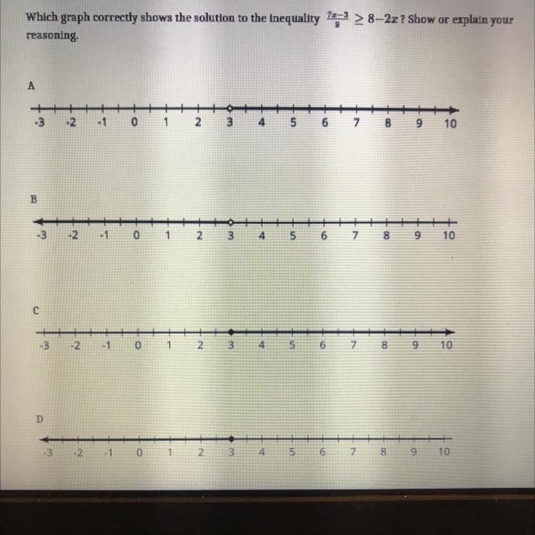 SOMEONE PLEASE ANSWER the equation is 7x-3 over 9 > 8-2x-example-1