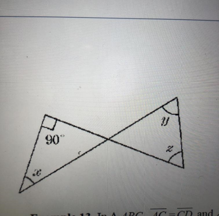 Example 12. x, y, and = are the measures of the angles shown in the figure. The sum-example-1