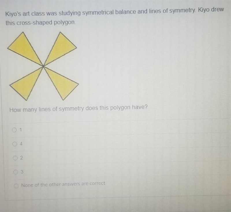 kiyo's art class was studying symmetry balance and line of symmetry. kiyo's drew this-example-1