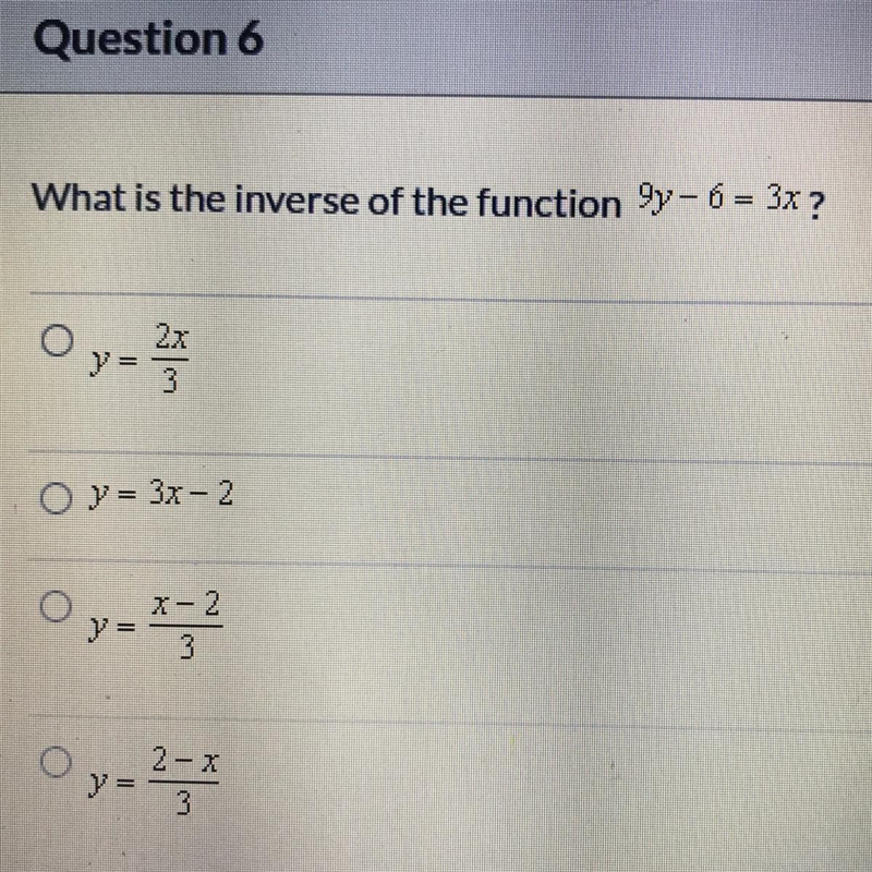 What is the inverse of the function 9y - 6 = 3x ?-example-1