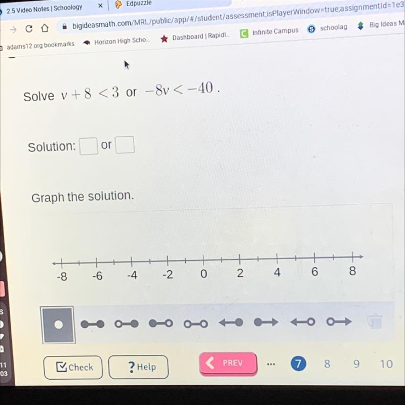 Plzzz help Solve v+8<3or -8v<-40-example-1