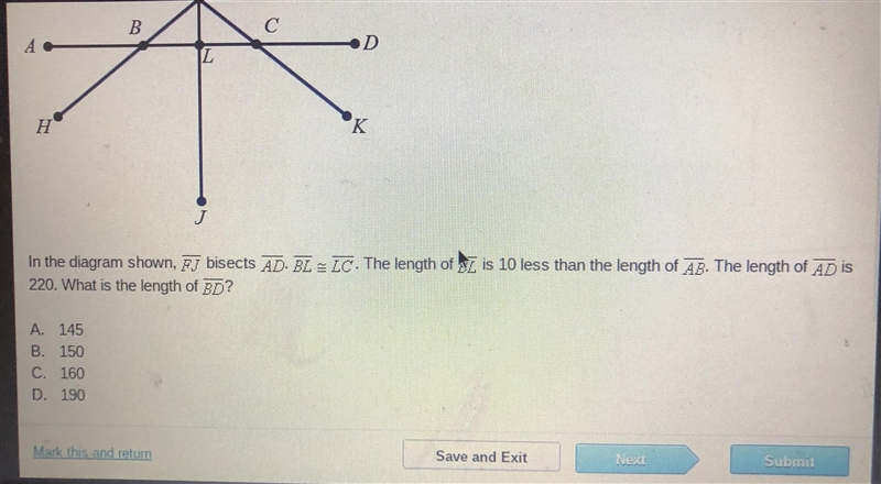 In the diagram shown, FJ bisects AD BL~=LC. The length of BL is 10 less than the length-example-1