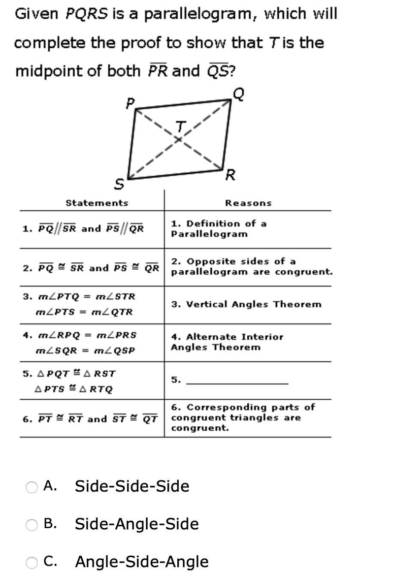 Question 1: Please help, which will complete the proof to show that T is the midpoint-example-1