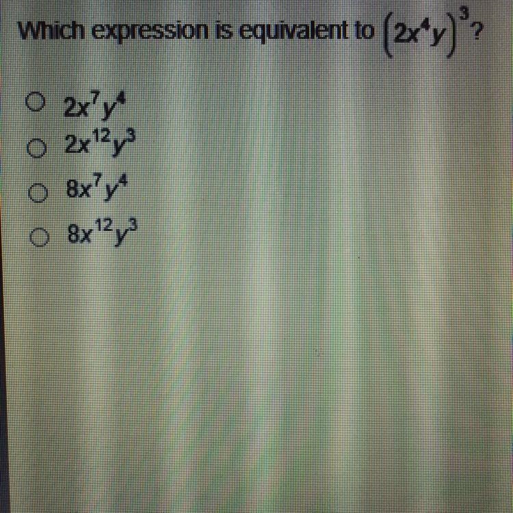 Which expression is equivalent to (2x to 4 y) 3 exponent?-example-1