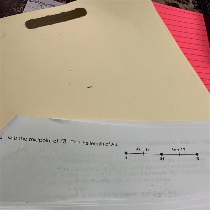 14. M is the midpoint of AB. Find the length of AB. 4x + 13 3x + 17 A M B-example-1