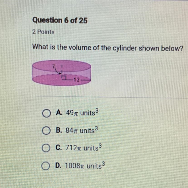 What is the volume of the cylinder shown below? A height of 7 and a radius of 12-example-1