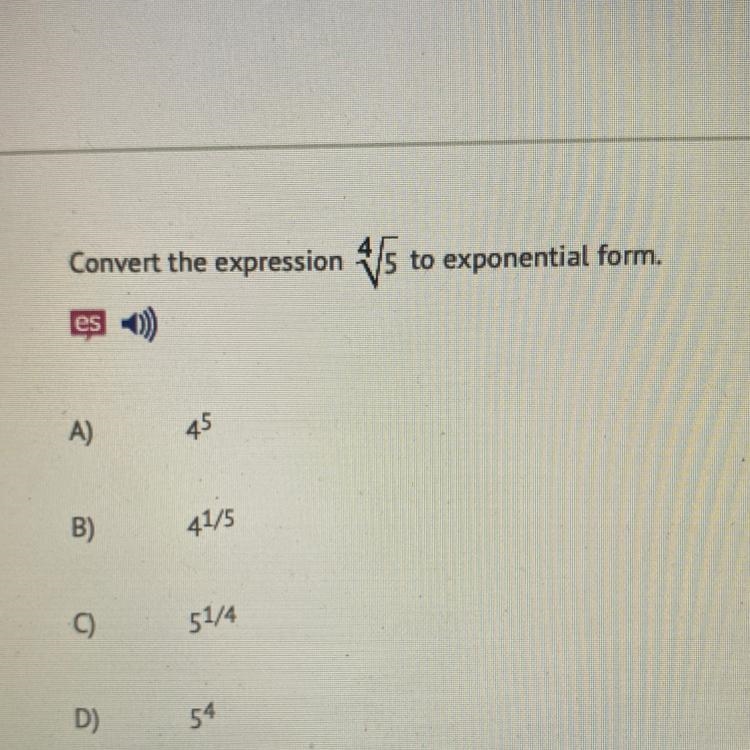 Convert the expression 4 square root 5 to exponential form.-example-1