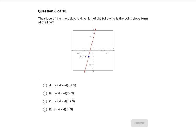 The slope of the line below is 4 . Which of the following is the point slope form-example-1