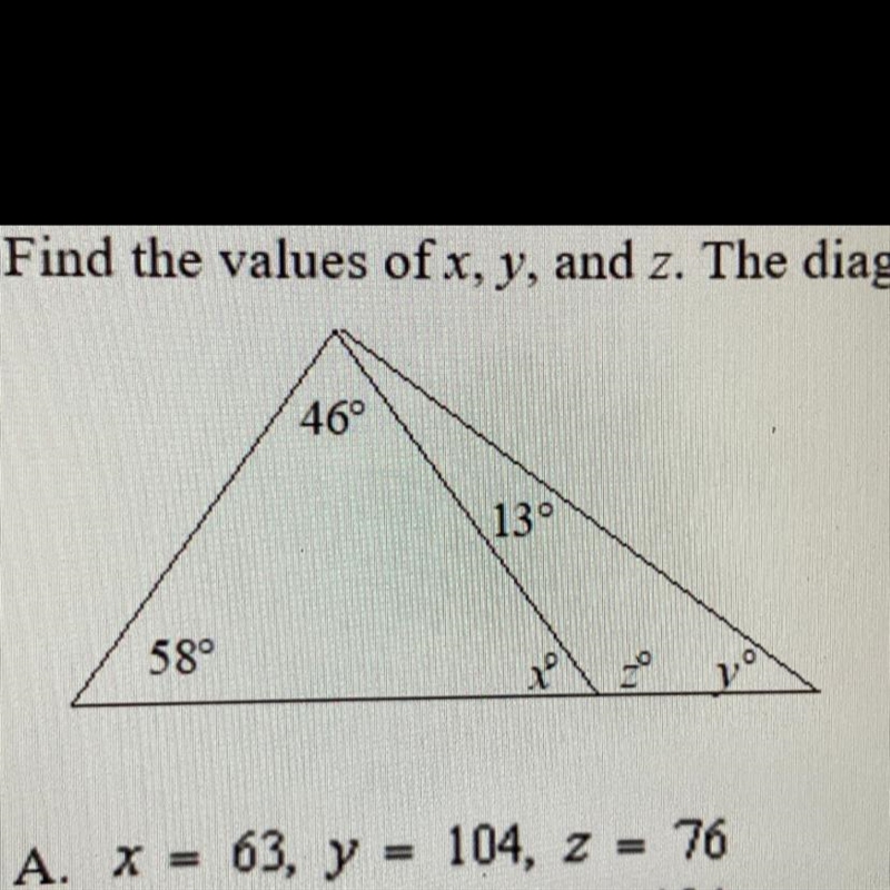 HELP ENDS IN 20 MINS!!! Find the values of x, y, and z. The diagram is not to scale-example-1