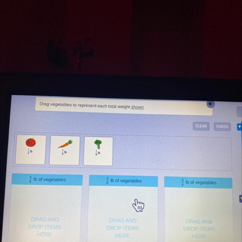 Drag vegetables to represent each total weight shown.-example-1