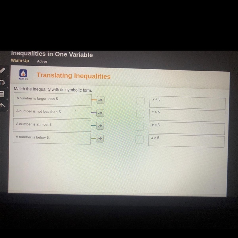 Help me please! i’m very behind. 0 Translating Inequalities Match the inequality with-example-1