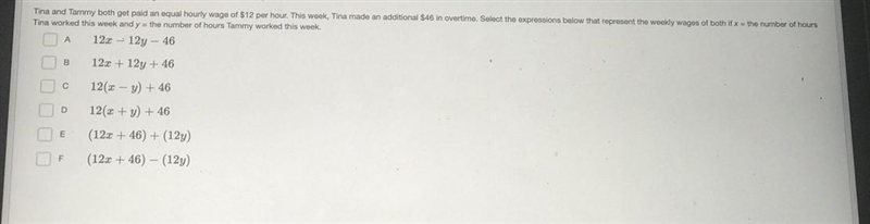 PLEASE HELP ME! Tina and Tammy both get paid an equal hourly wage of $12 per hour-example-1