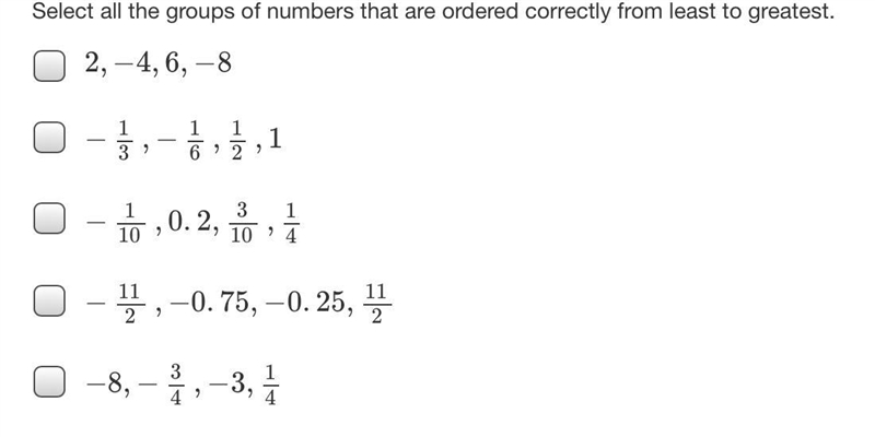 Select the group of numbers that are ordered least to greatest.-example-1