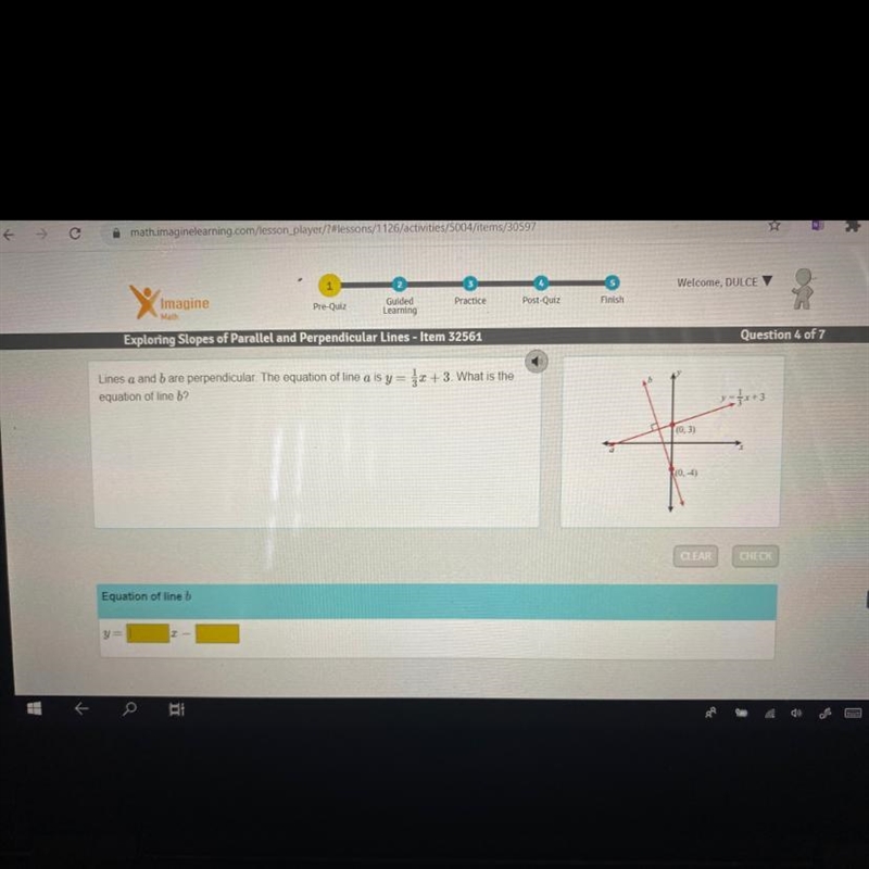 Lines a and b are perpendicular. The equation of line a is y= 1/3+ 3. What is the-example-1