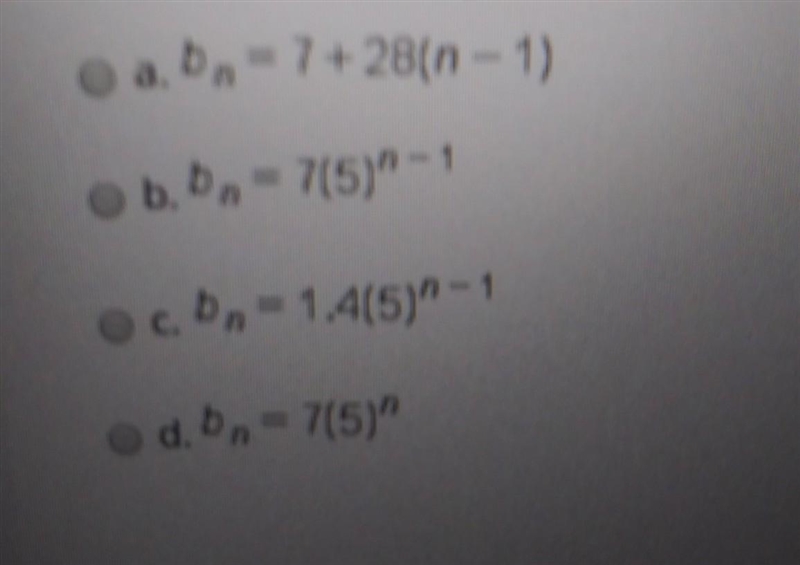 Find a formula for a geometric sequence that begins with 7, 35, 175,... ​-example-1