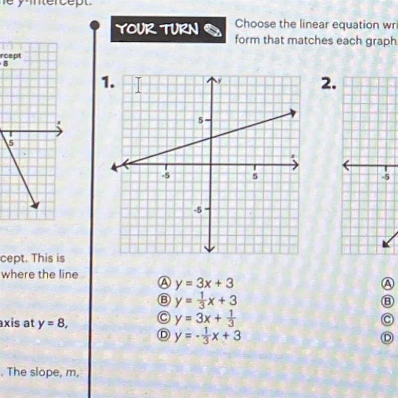 Choose the linear equation written in slope intercept form that matches each graph-example-1